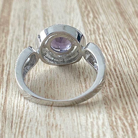 Round Simulated Amethyst Halo Ring w/ Looping Split Shank - 925 Sterling Silver - Picture 3 of 5